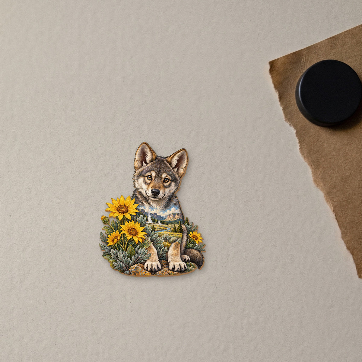 Wolf Pup Wildflowers wood magnet M147 on a fridge, made in USA