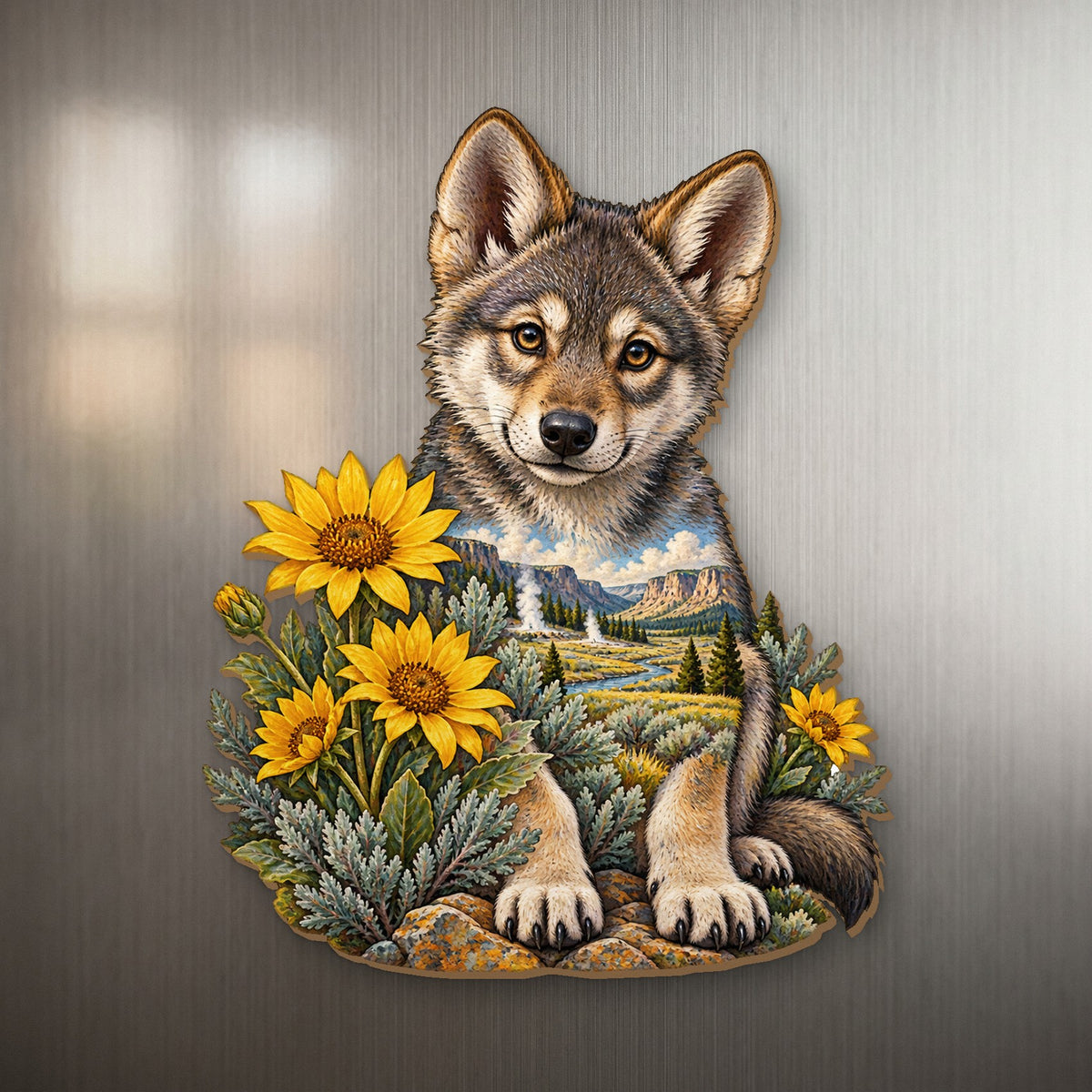 Wolf Pup Wildflowers wood magnet M147 on a stainless steel fridge, made in USA