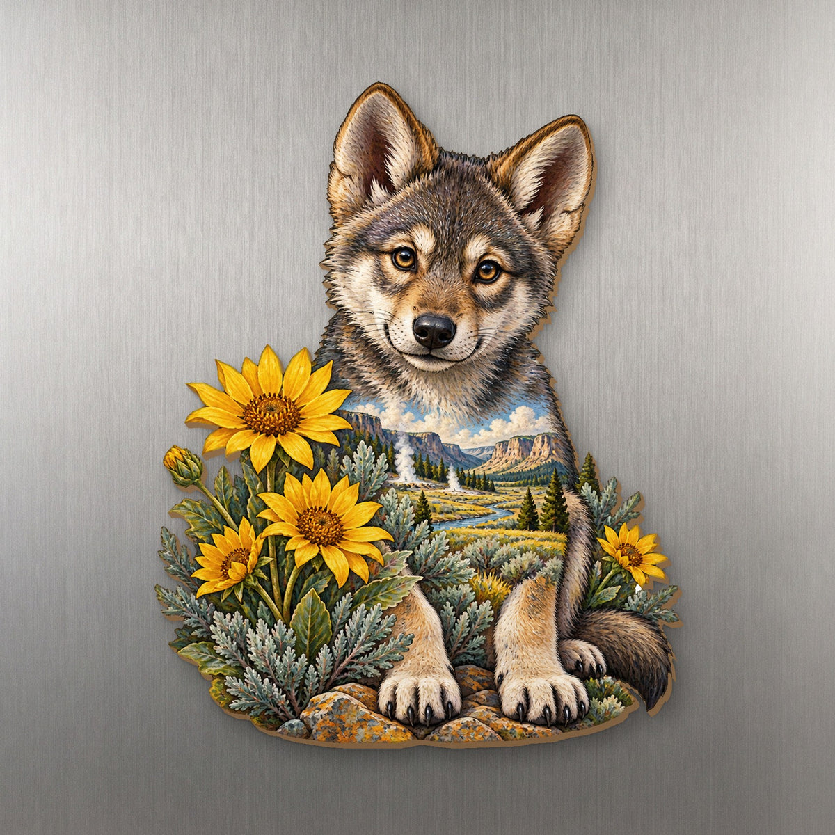 Wolf Pup Wildflowers wood magnet M147 on a stainless steel fridge, made in USA