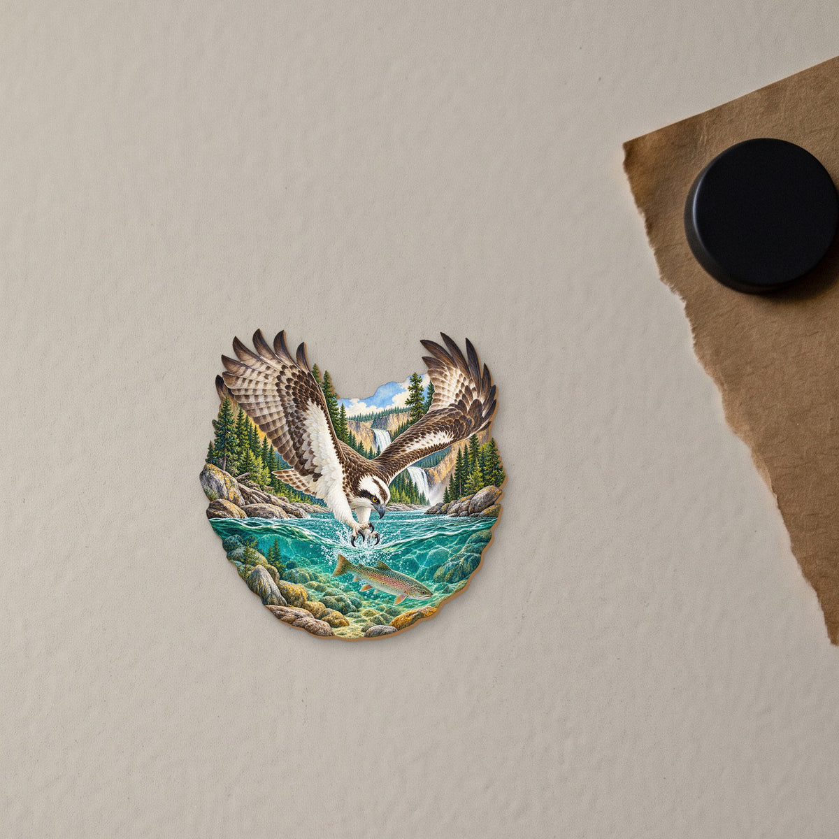 Osprey River Dive wood magnet M148 on a fridge, made in USA