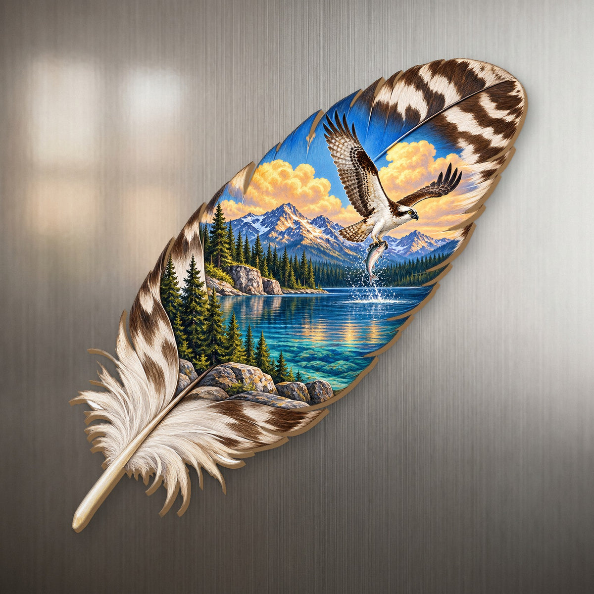 Osprey Feather Lake wood magnet M149 on a stainless steel fridge, made in USA