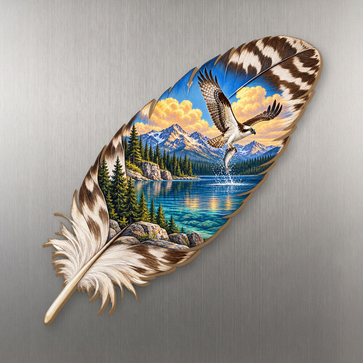 Osprey Feather Lake wood magnet M149 on a stainless steel fridge, made in USA