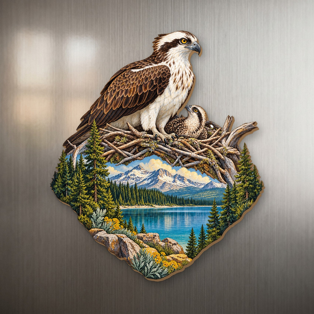 Osprey Nest Watch wood magnet M150 on a stainless steel fridge, made in USA