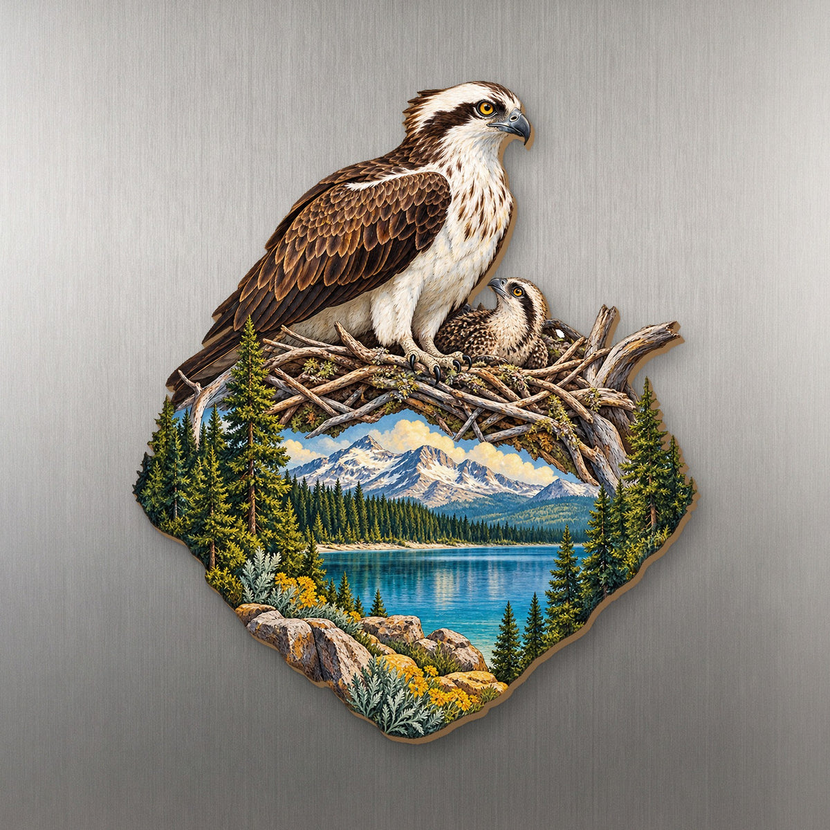 Osprey Nest Watch wood magnet M150 on a stainless steel fridge, made in USA
