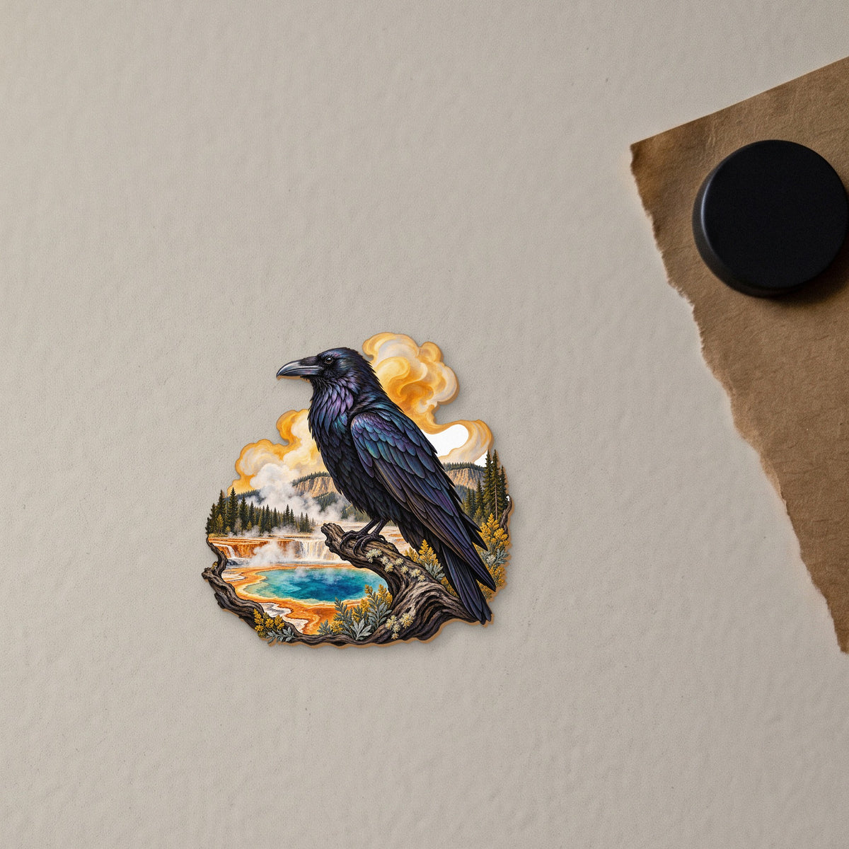 Raven in Amber Steam wood magnet M151 on a fridge, made in USA