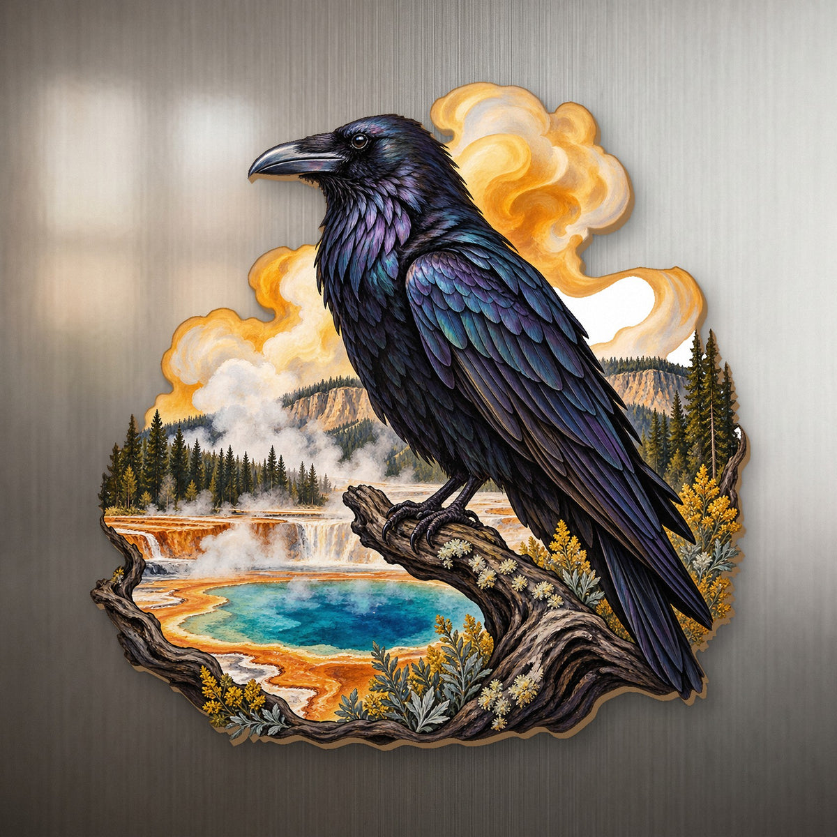Raven in Amber Steam wood magnet M151 on a stainless steel fridge, made in USA
