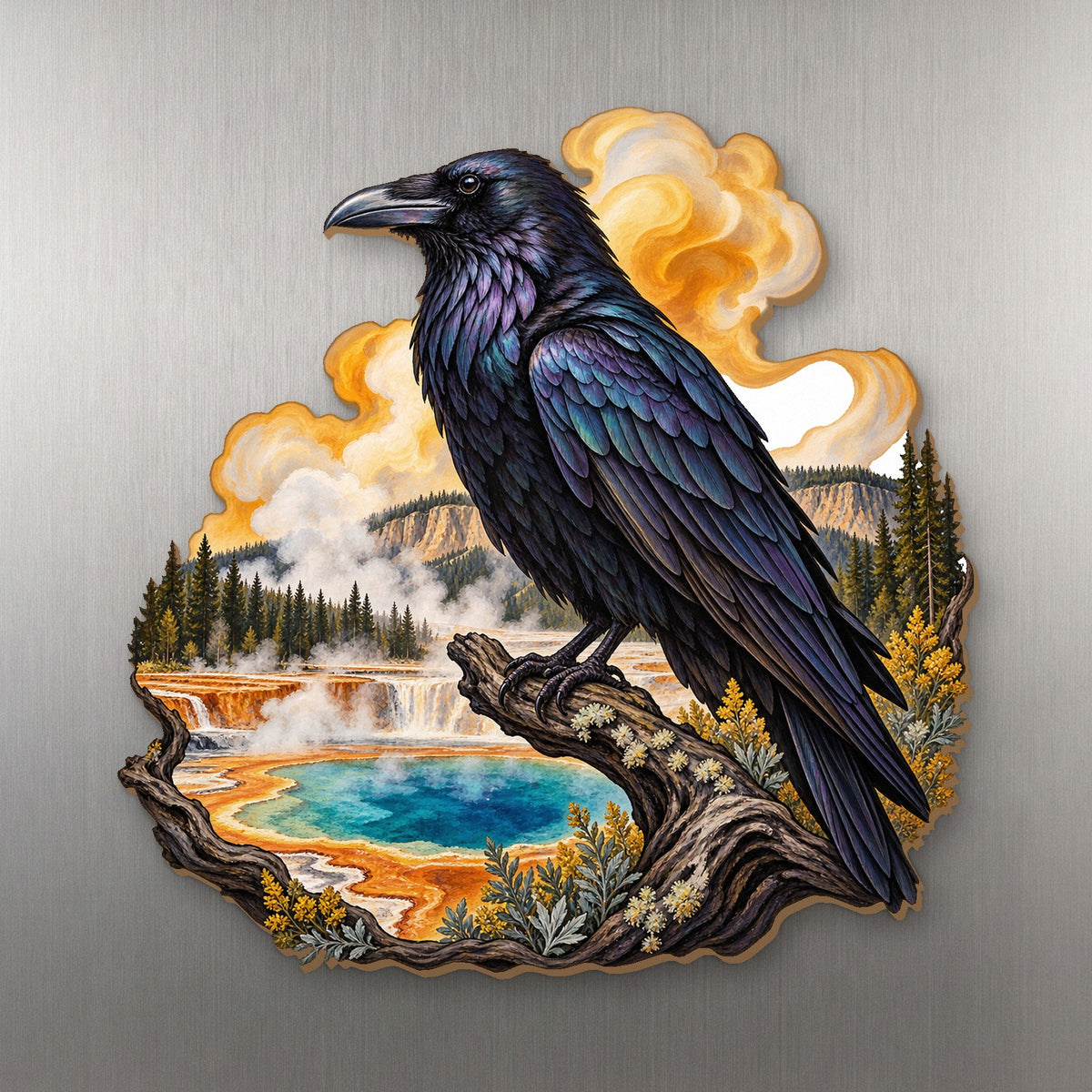 Raven in Amber Steam wood magnet M151 on a stainless steel fridge, made in USA