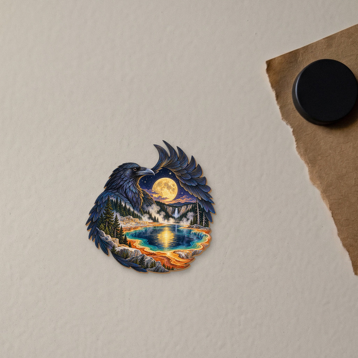 Raven Moon Reflection wood magnet M152 on a fridge, made in USA