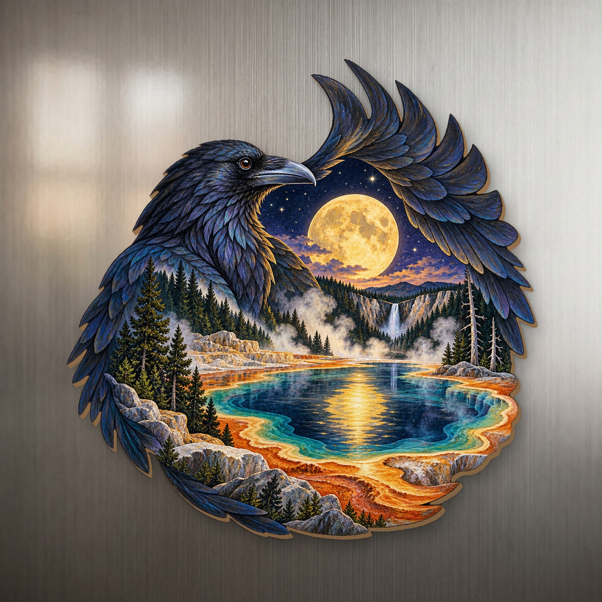 Raven Moon Reflection wood magnet M152 on a stainless steel fridge, made in USA
