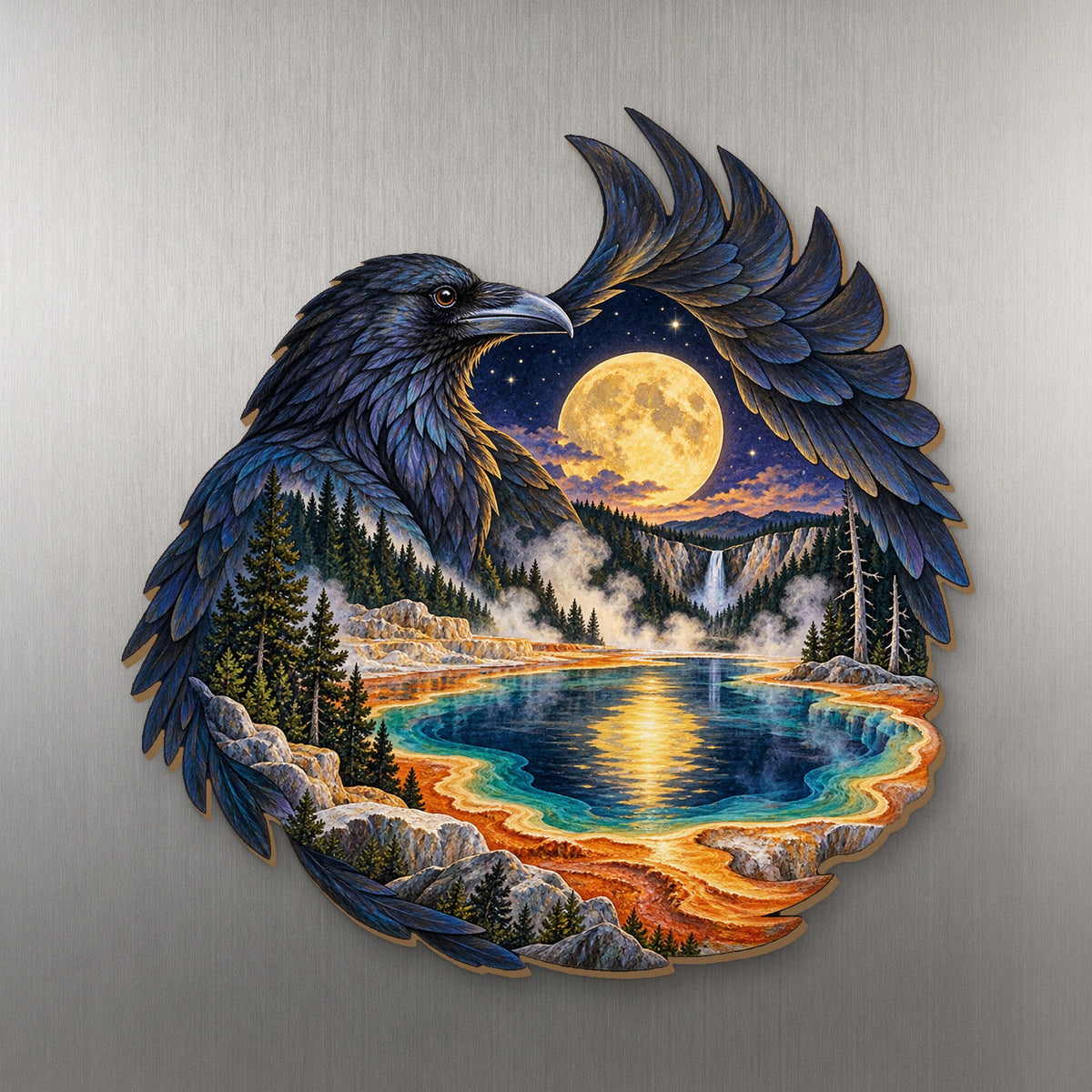 Raven Moon Reflection wood magnet M152 on a stainless steel fridge, made in USA