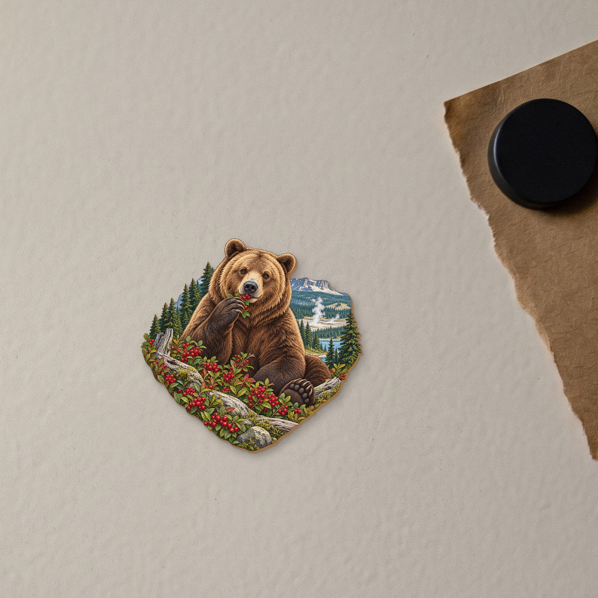 Grizzly Berry Feast wood magnet M153 on a fridge, made in USA