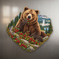 Grizzly Berry Feast wood magnet M153 on a stainless steel fridge, made in USA