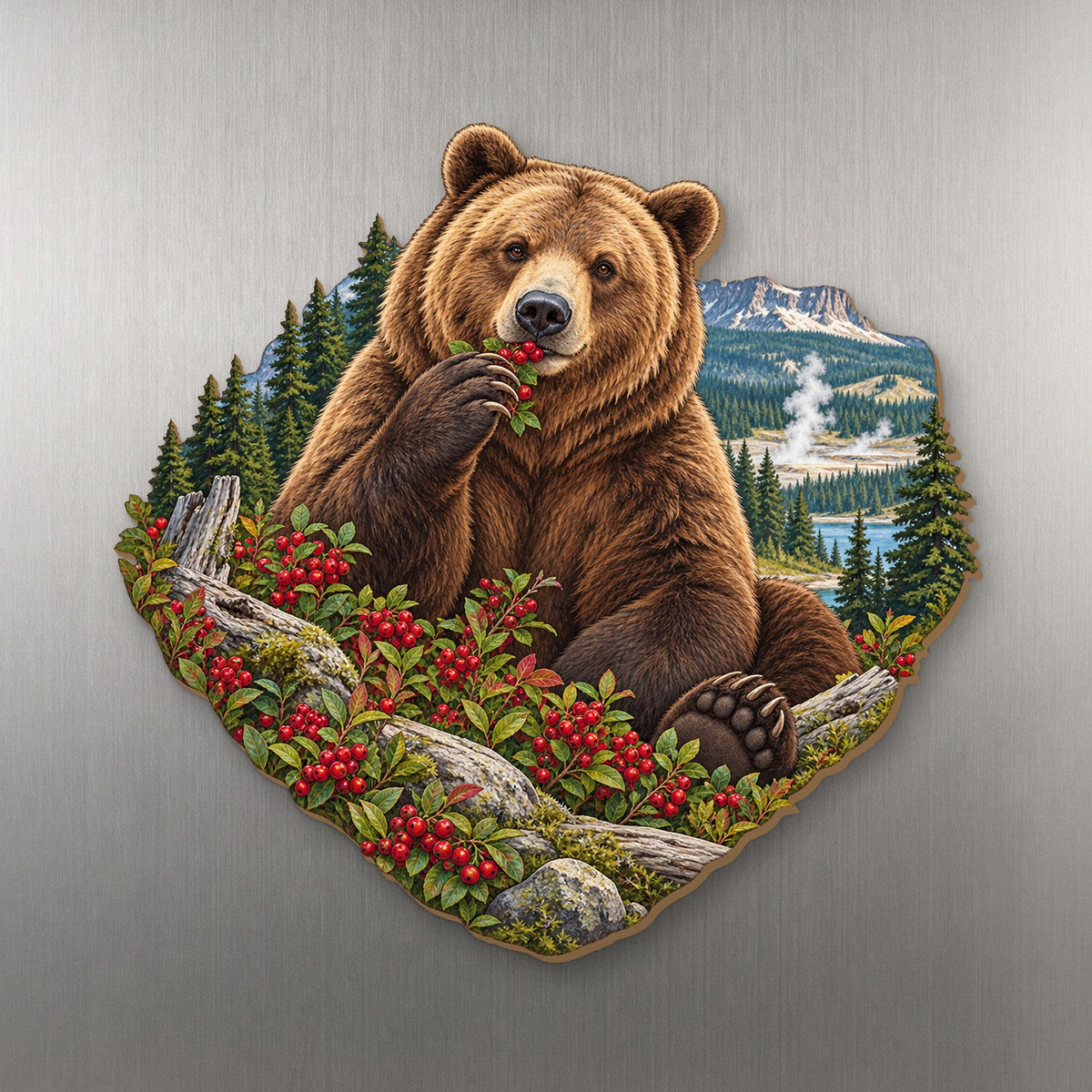 Grizzly Berry Feast wood magnet M153 on a stainless steel fridge, made in USA