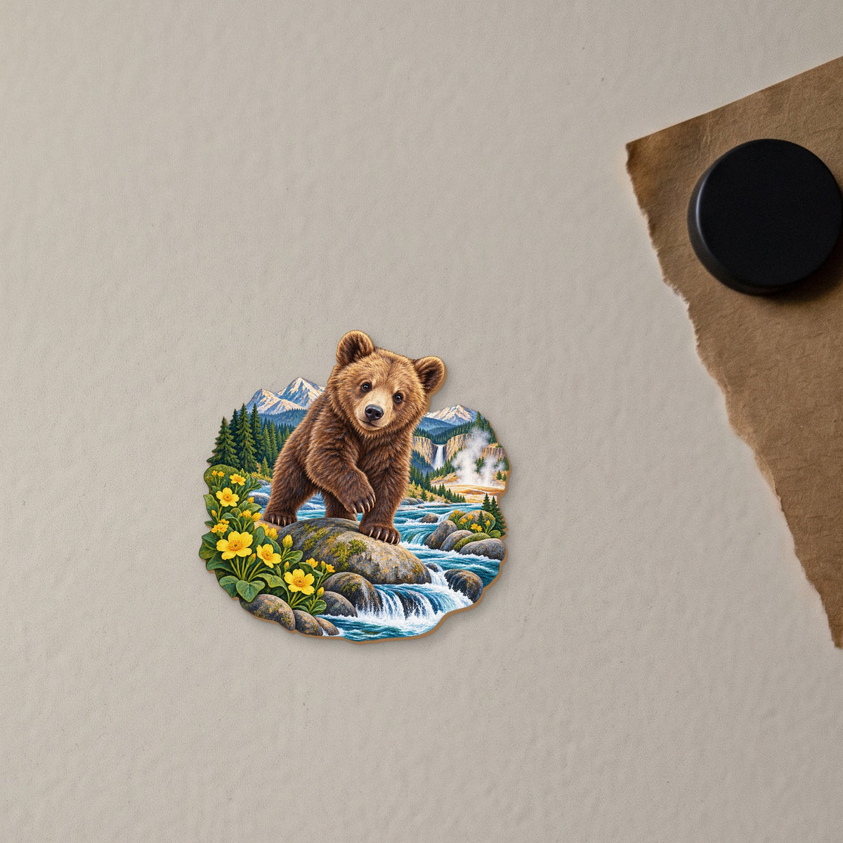 Grizzly Cub River Rock wood magnet M154 on a fridge, made in USA