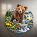 Grizzly Cub River Rock wood magnet M154 on a stainless steel fridge, made in USA