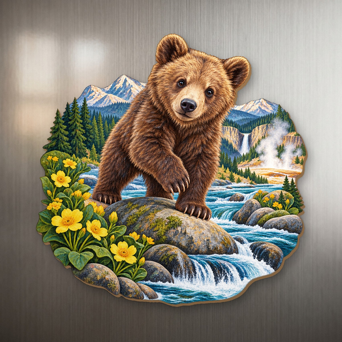 Grizzly Cub River Rock wood magnet M154 on a stainless steel fridge, made in USA