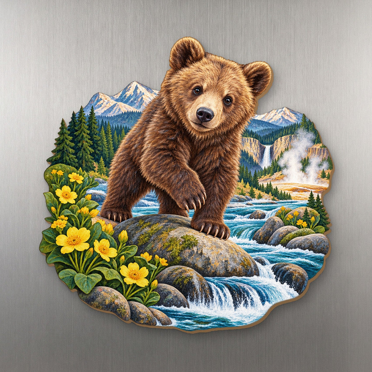 Grizzly Cub River Rock wood magnet M154 on a stainless steel fridge, made in USA