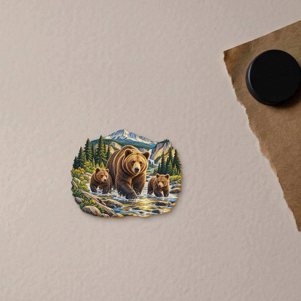 Grizzly Family Crossing wood magnet M155 on a fridge, made in USA