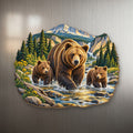 Grizzly Family Crossing wood magnet M155 on a stainless steel fridge, made in USA