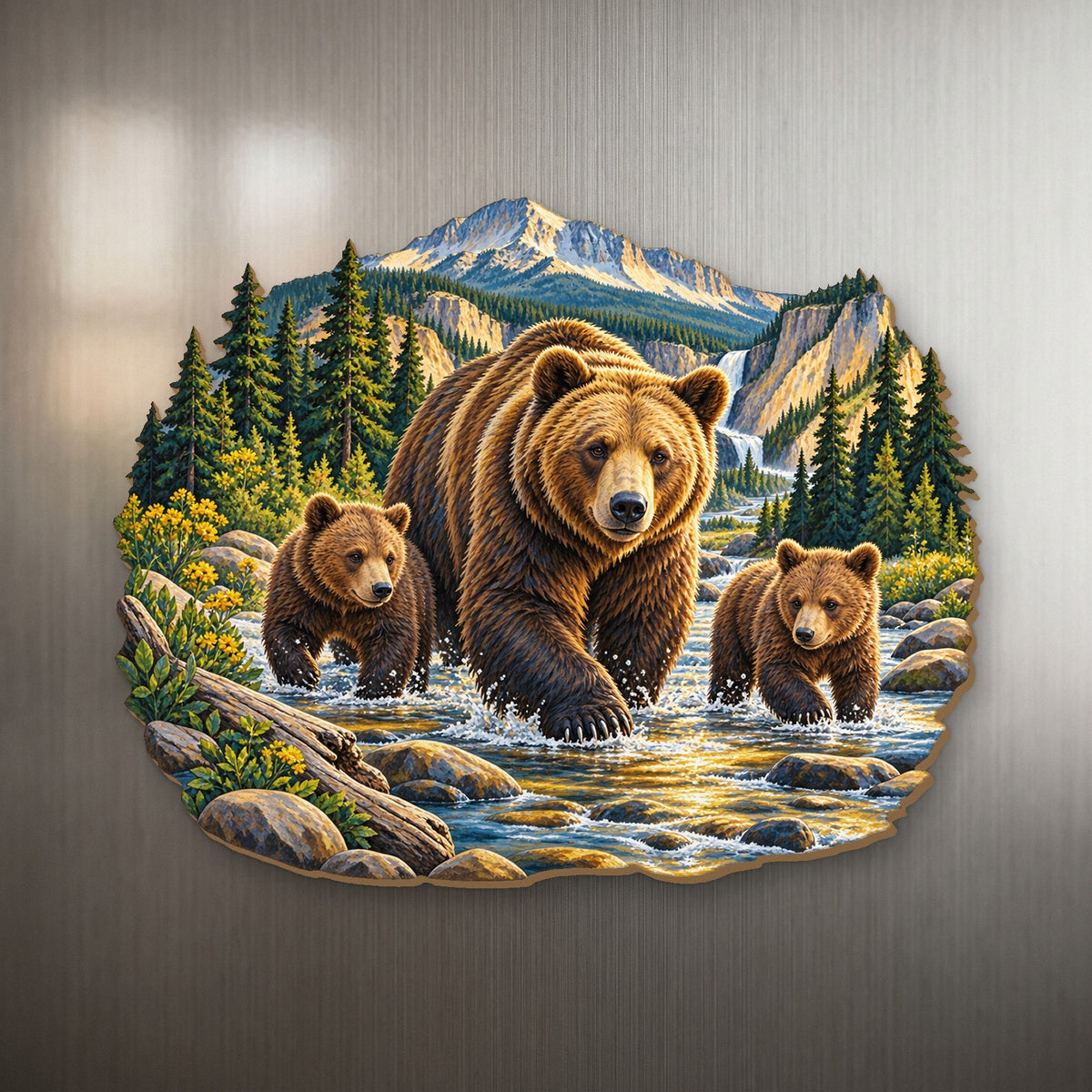 Grizzly Family Crossing wood magnet M155 on a stainless steel fridge, made in USA