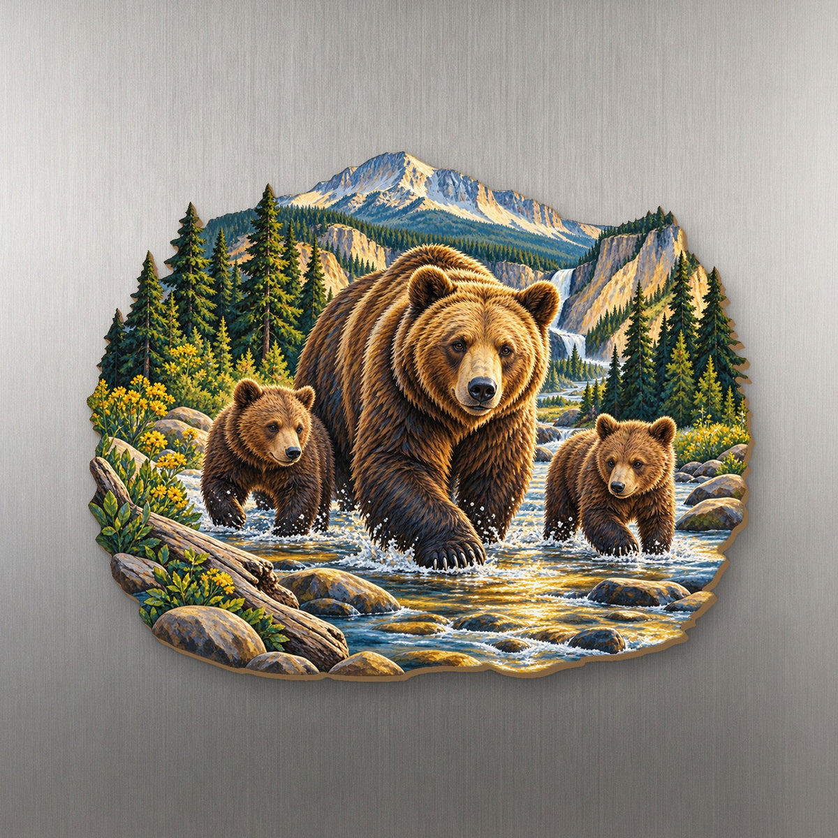 Grizzly Family Crossing wood magnet M155 on a stainless steel fridge, made in USA