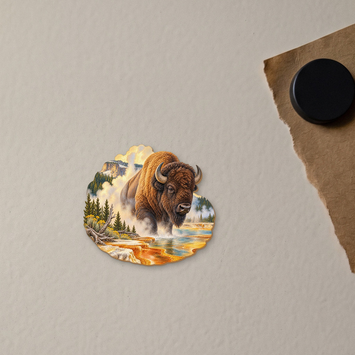 Bison Steam Morning wood magnet M156 on a fridge, made in USA