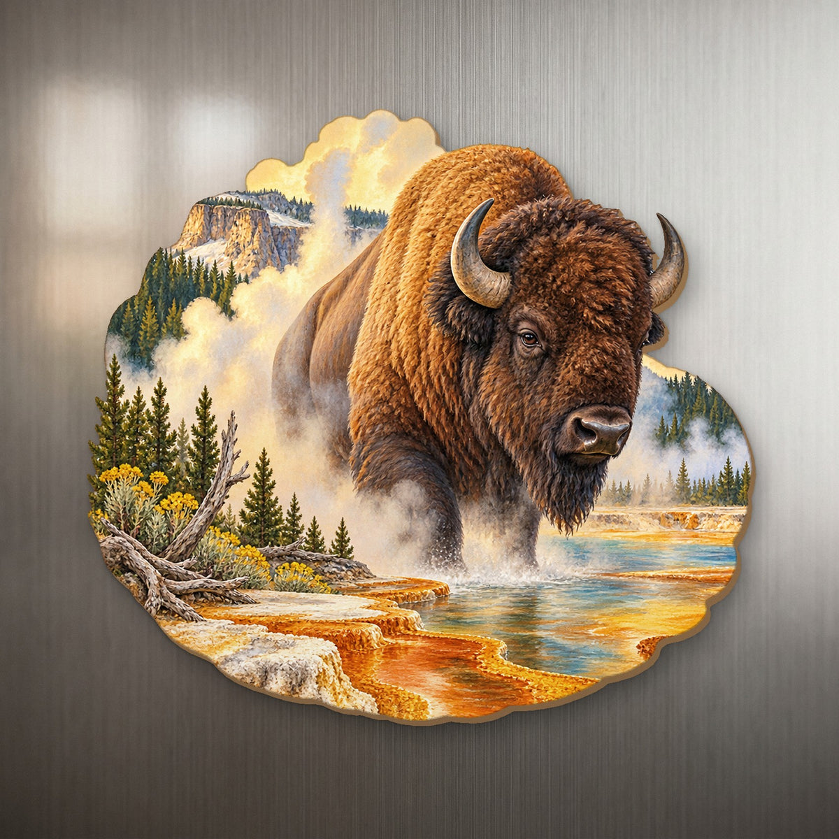 Bison Steam Morning wood magnet M156 on a stainless steel fridge, made in USA