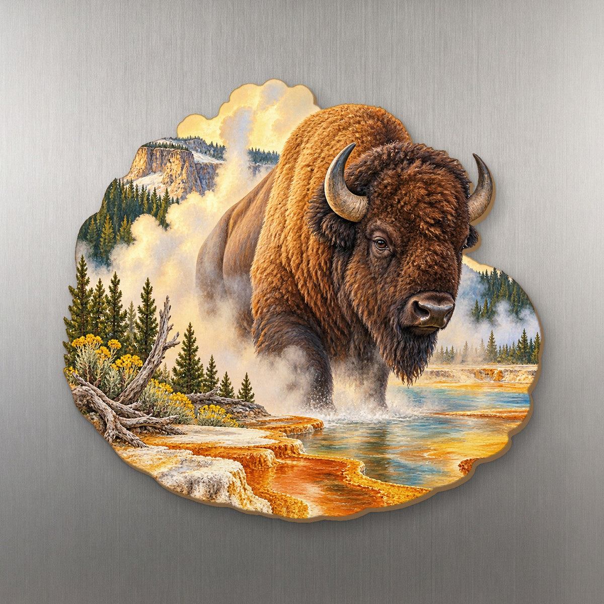 Bison Steam Morning wood magnet M156 on a stainless steel fridge, made in USA