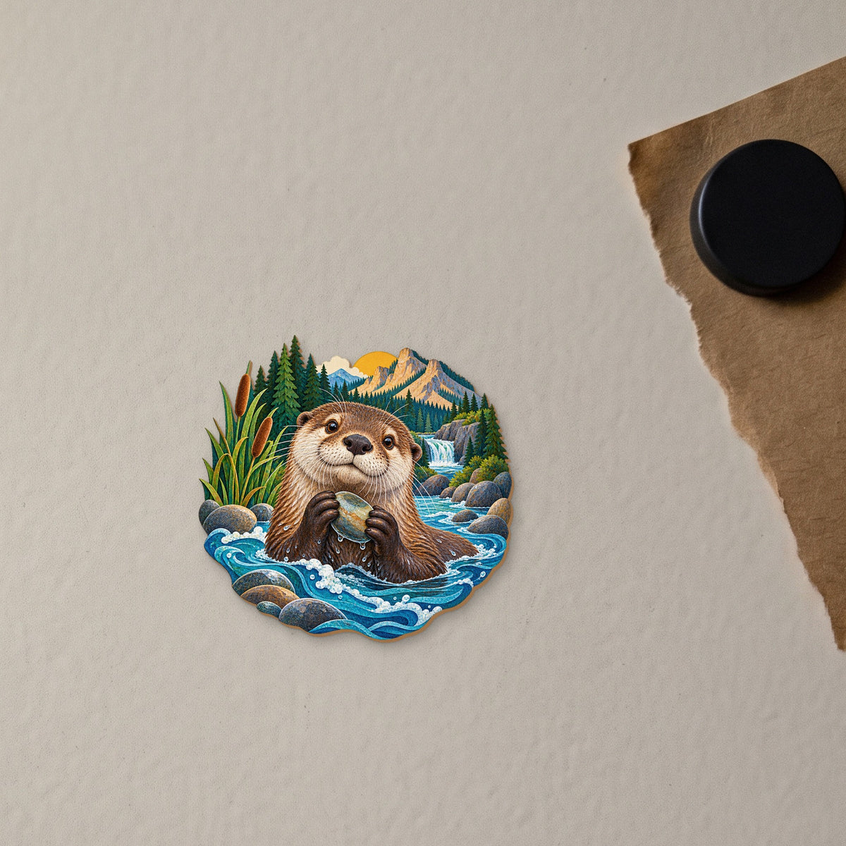 River Otter Pebble Cove wood magnet M157 on a fridge, made in USA