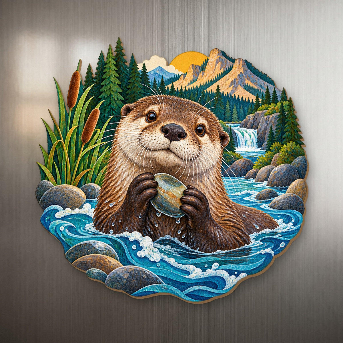 River Otter Pebble Cove wood magnet M157 on a stainless steel fridge, made in USA