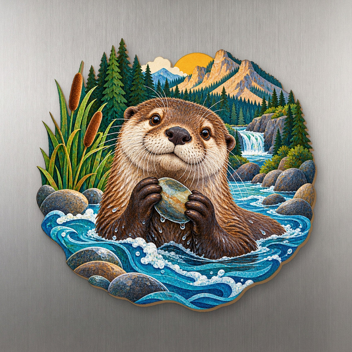 River Otter Pebble Cove wood magnet M157 on a stainless steel fridge, made in USA