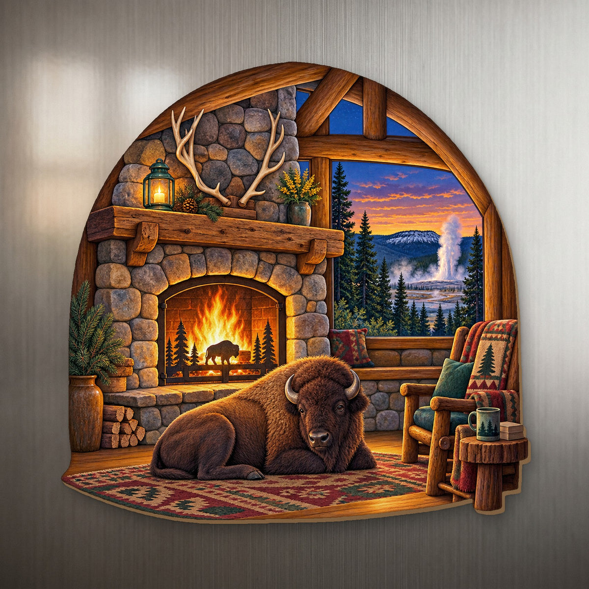 Inn Fireplace Evening wood magnet M158 on a stainless steel fridge, made in USA