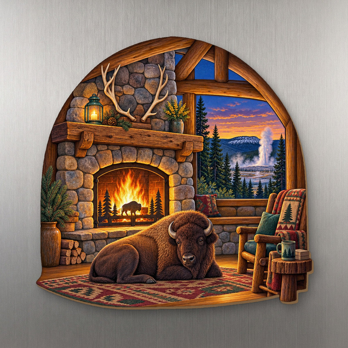 Inn Fireplace Evening wood magnet M158 on a stainless steel fridge, made in USA