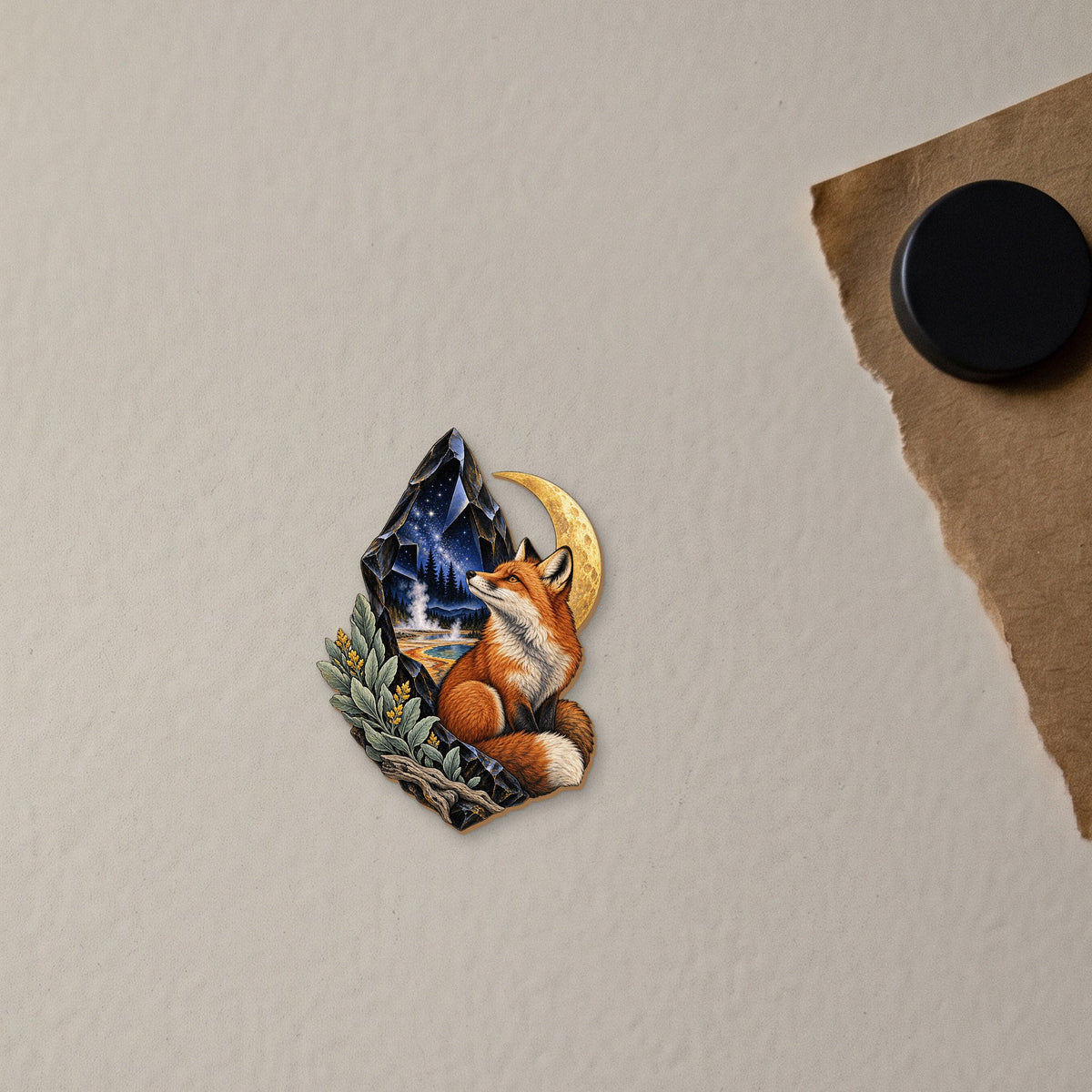 Obsidian Fox Night wood magnet M159 on a fridge, made in USA