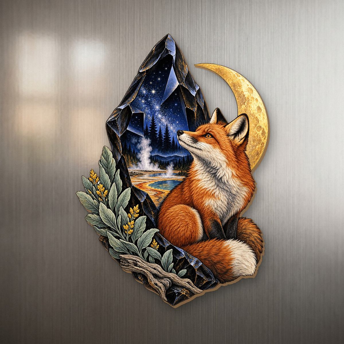 Obsidian Fox Night wood magnet M159 on a stainless steel fridge, made in USA