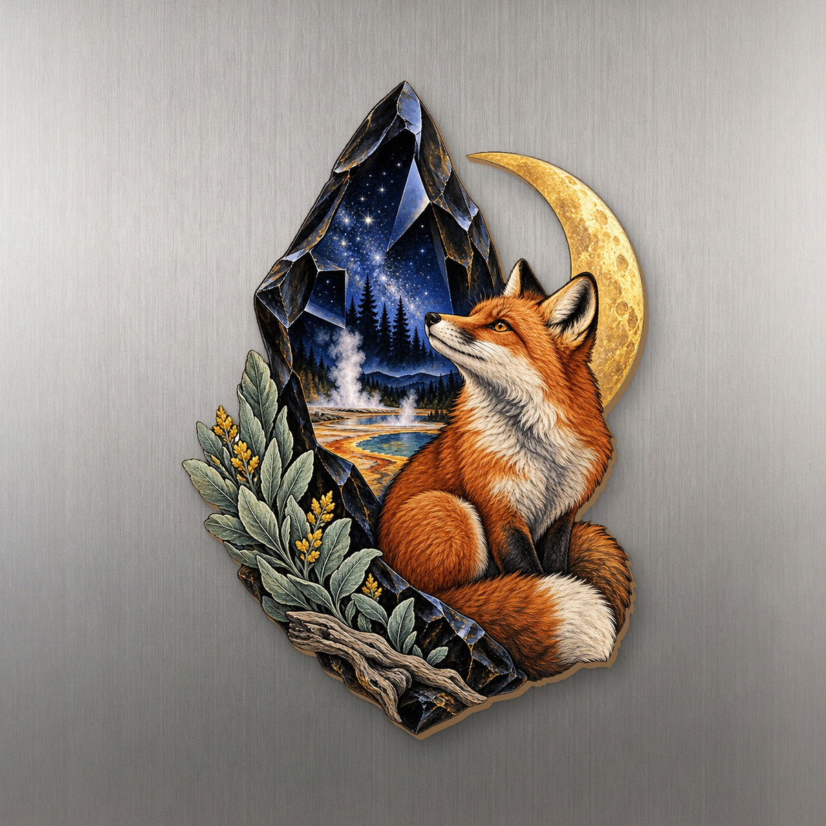 Obsidian Fox Night wood magnet M159 on a stainless steel fridge, made in USA