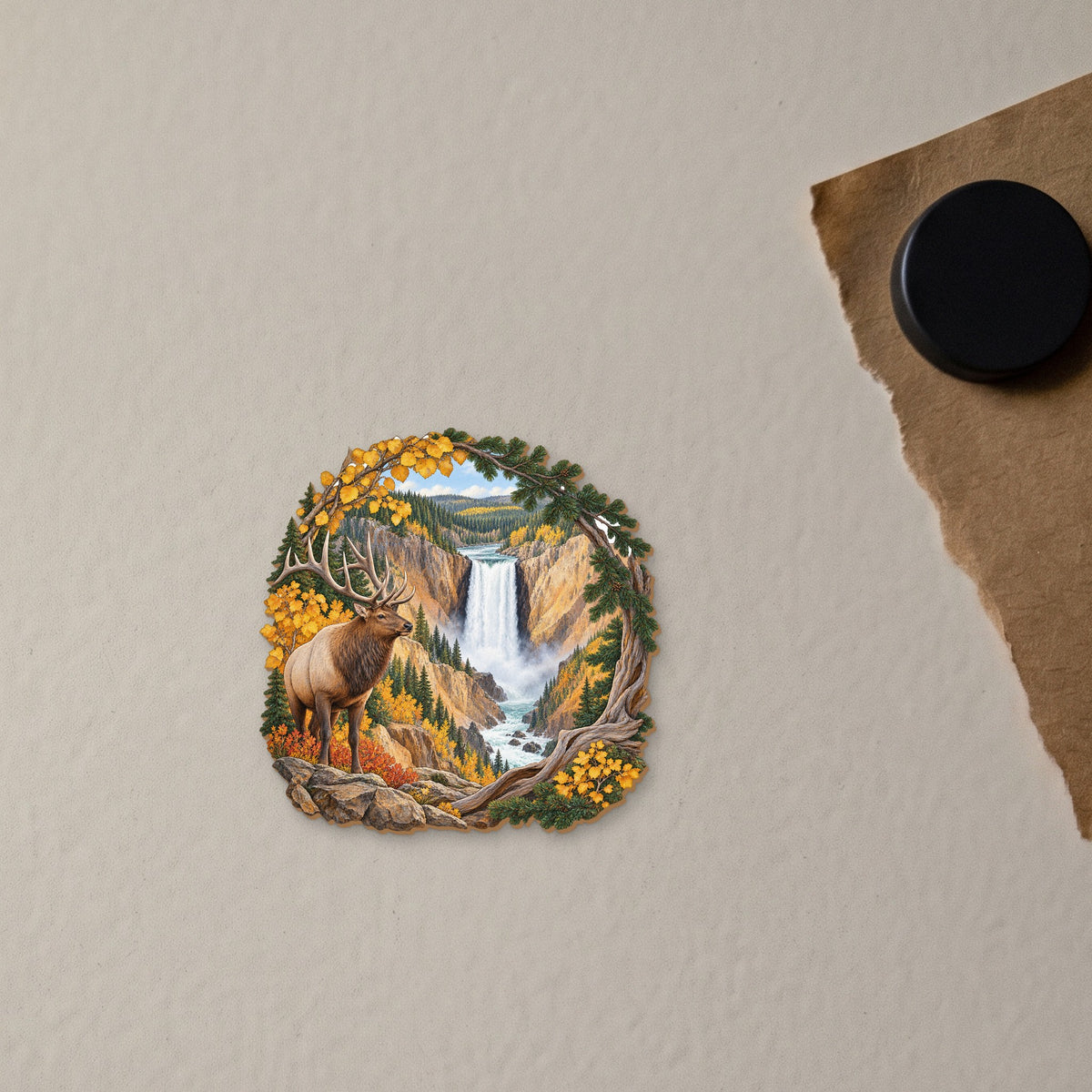 Falls Autumn Window wood magnet M160 on a fridge, made in USA