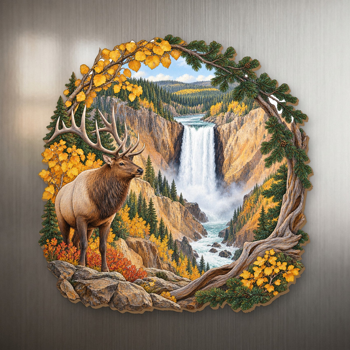 Falls Autumn Window wood magnet M160 on a stainless steel fridge, made in USA