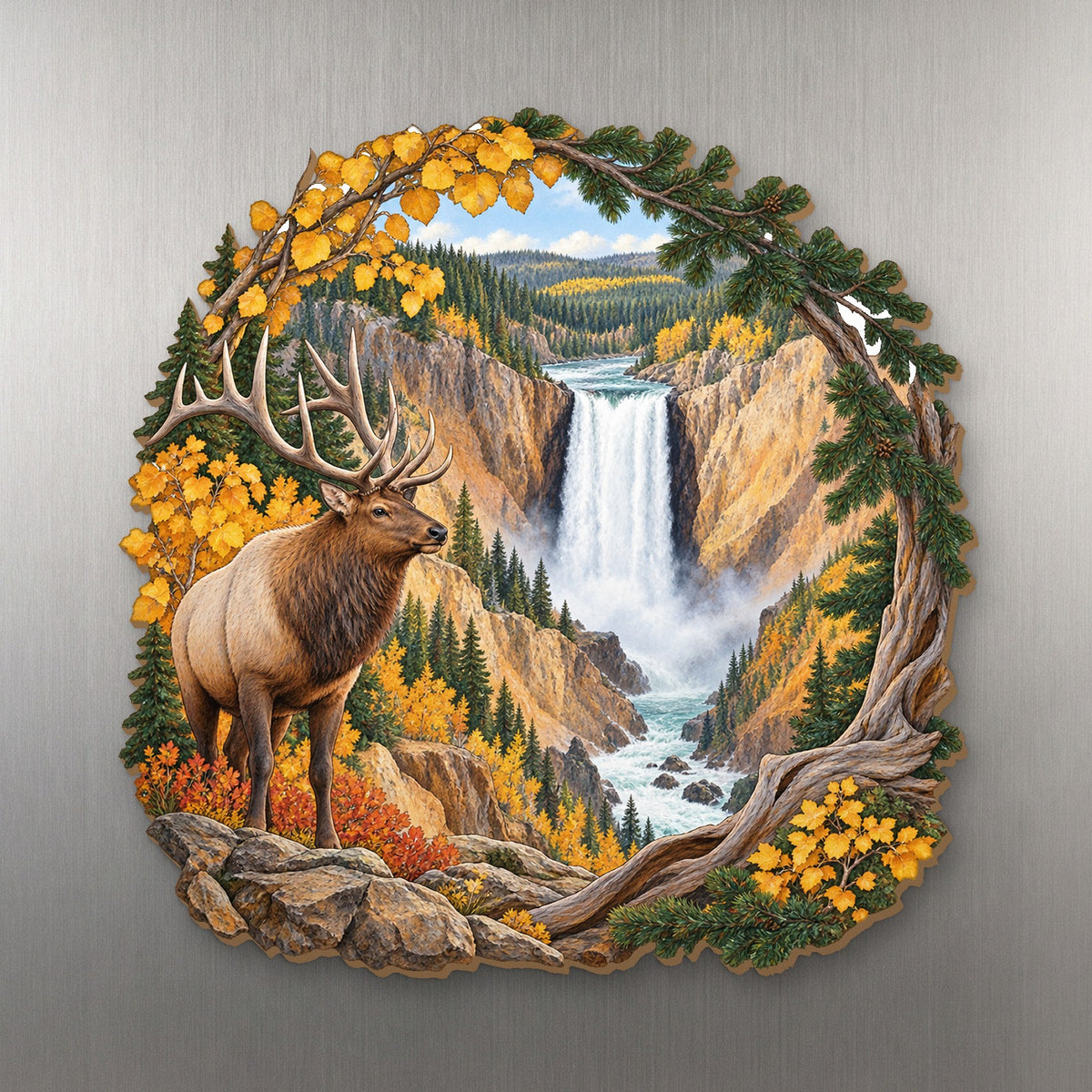 Falls Autumn Window wood magnet M160 on a stainless steel fridge, made in USA