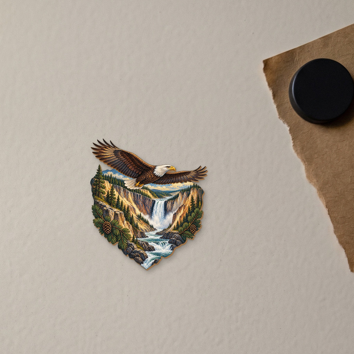 Lower Falls Eagle wood magnet M161 on a fridge, made in USA