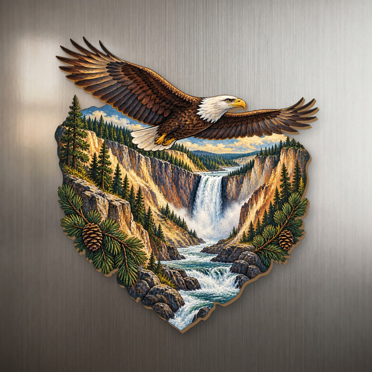 Lower Falls Eagle wood magnet M161 on a stainless steel fridge, made in USA