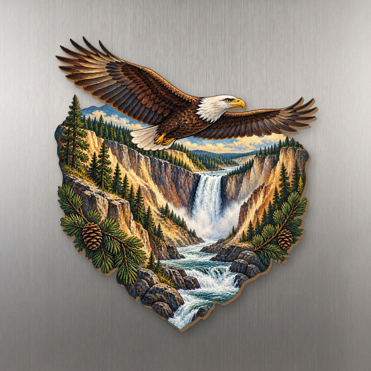 Lower Falls Eagle wood magnet M161 on a stainless steel fridge, made in USA