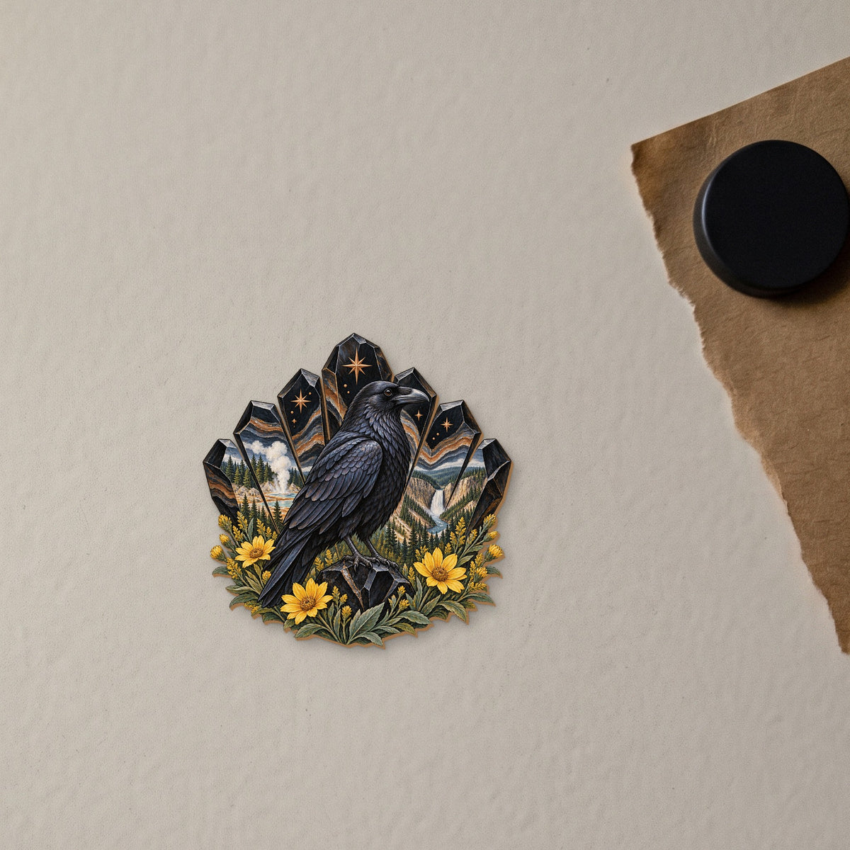Obsidian Raven Crest wood magnet M162 on a fridge, made in USA