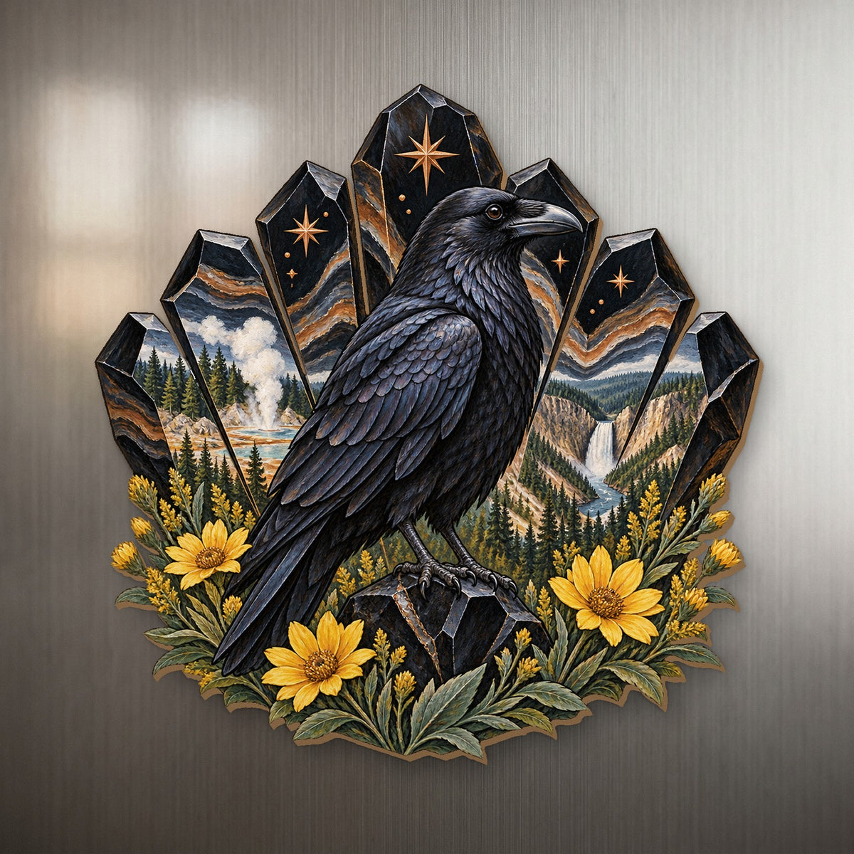 Obsidian Raven Crest wood magnet M162 on a stainless steel fridge, made in USA
