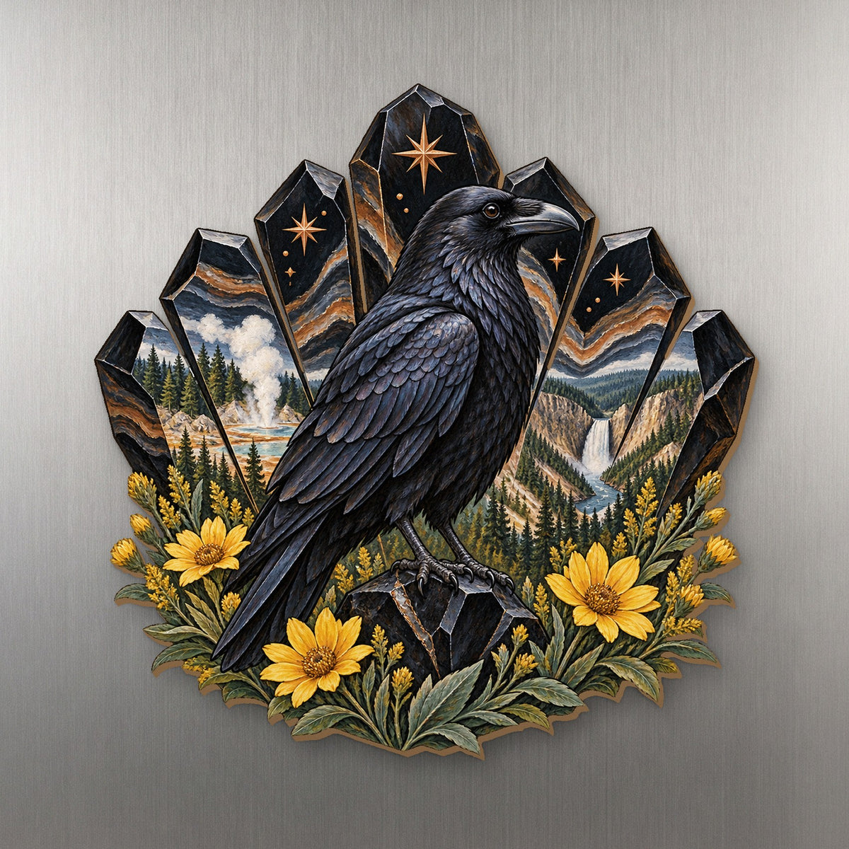 Obsidian Raven Crest wood magnet M162 on a stainless steel fridge, made in USA