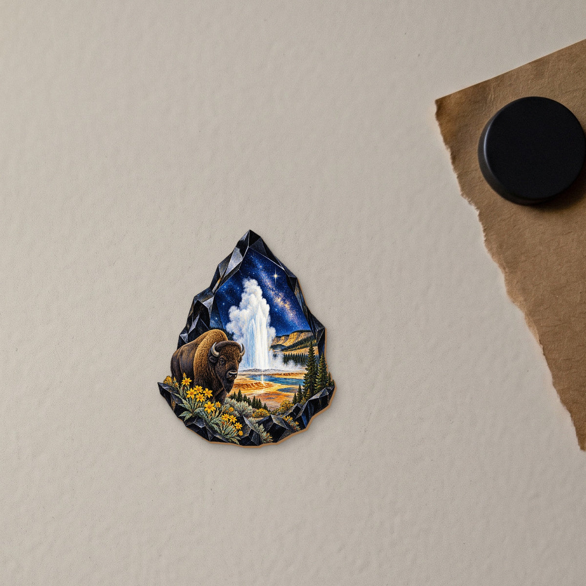 Obsidian Geyser Star wood magnet M163 on a fridge, made in USA