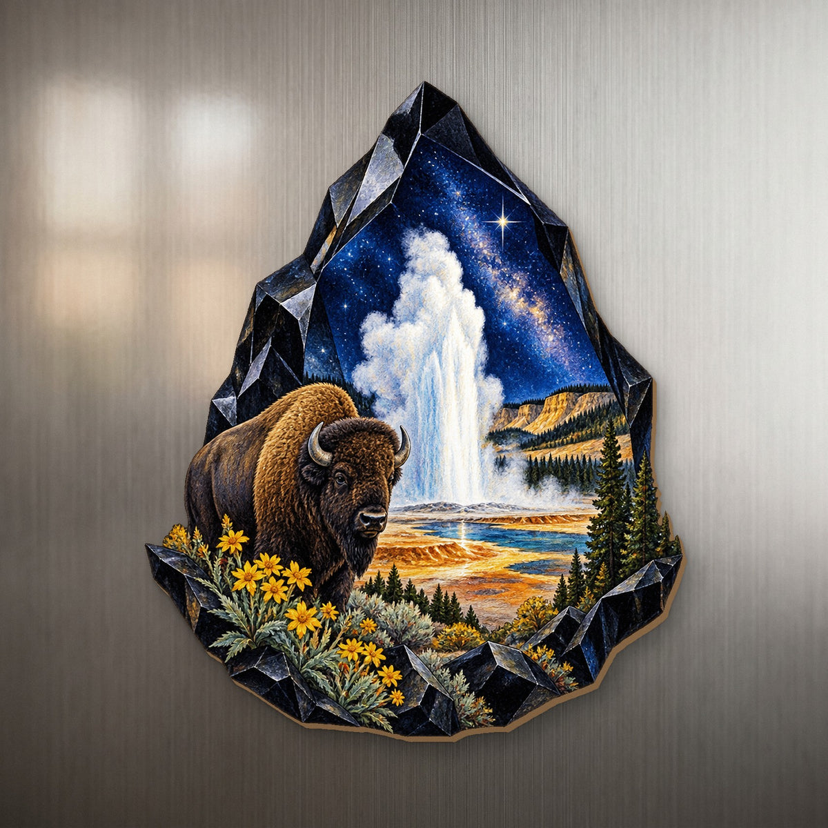 Obsidian Geyser Star wood magnet M163 on a stainless steel fridge, made in USA