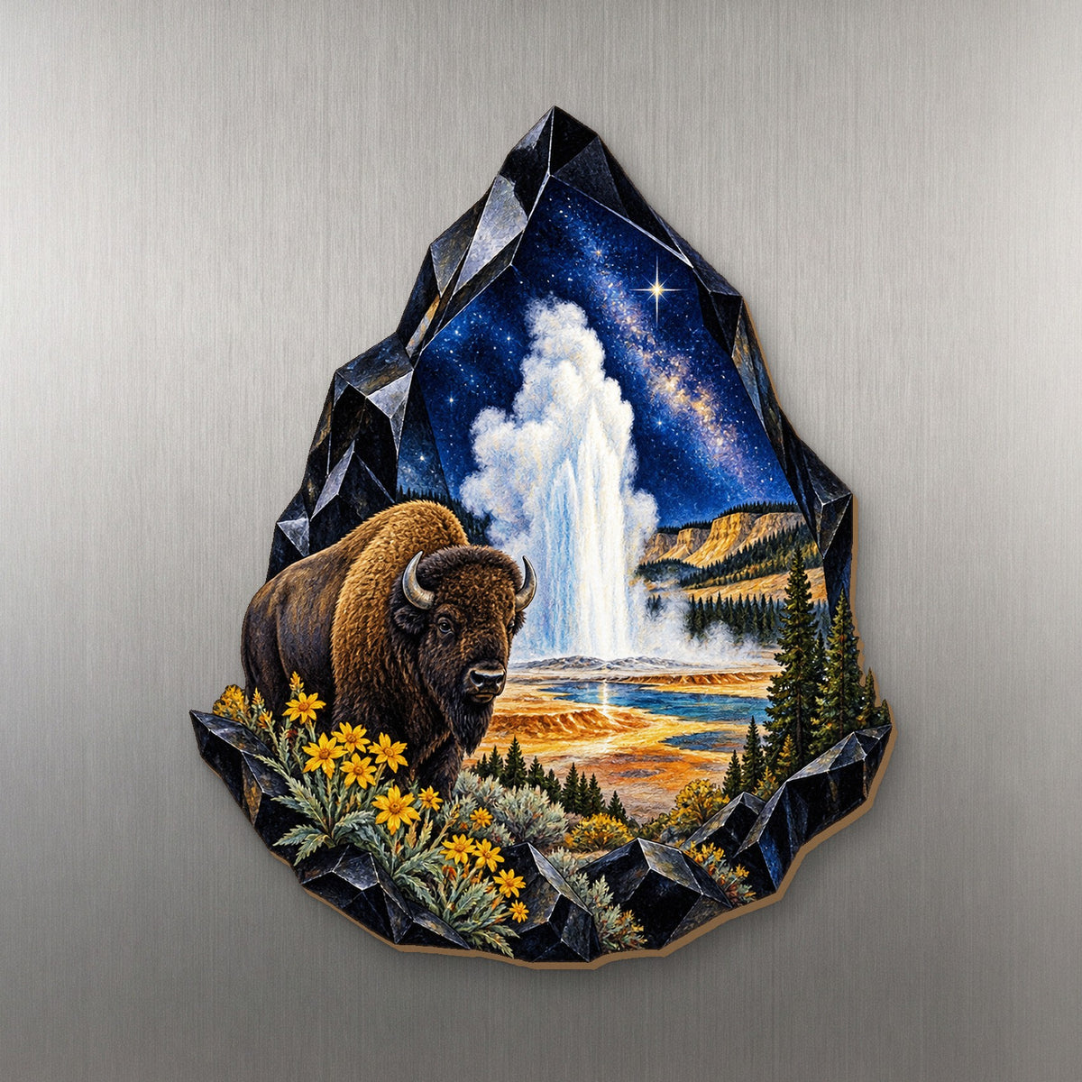 Obsidian Geyser Star wood magnet M163 on a stainless steel fridge, made in USA