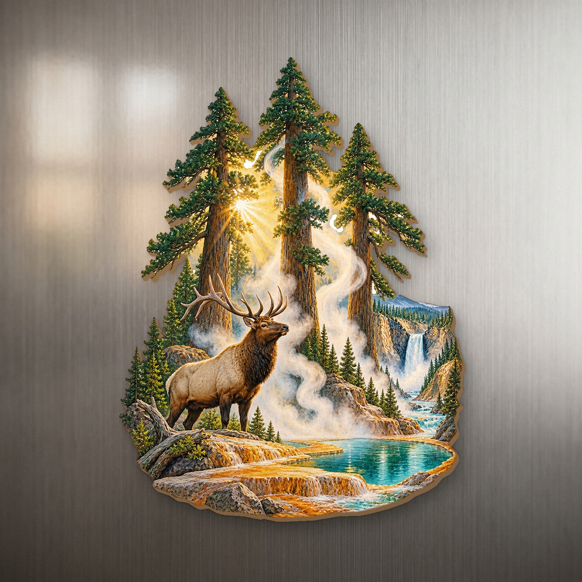 Steam Pine Cathedral wood magnet M164 on a stainless steel fridge, made in USA