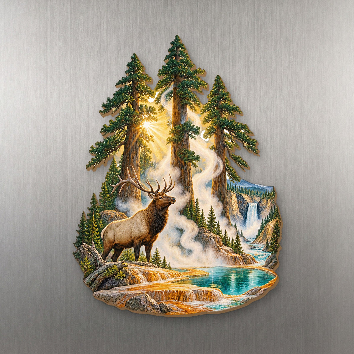 Steam Pine Cathedral wood magnet M164 on a stainless steel fridge, made in USA
